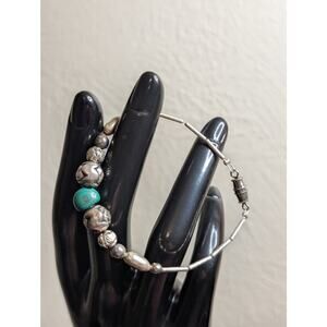 Vintage Liquid Silver Malachite Rose Bead Barrel Clasp Bracelet